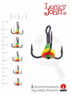 Крючок-тройник для приманок Lucky John 04SET с каплей цвет. 5шт. набор, фото 3