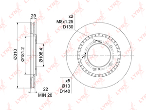 Диск тормозной передний (310x22) LYNXauto BN-1130. Для: SUZUKI Grand Vitara I 1.6-2.7 98-03 / II 1.6 >05, фото 1