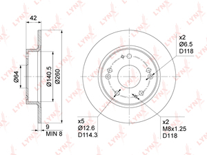 Диск тормозной задний (260x9) LYNXauto BN-1029. Для: Honda, Хонда, Civic(Цивик) VII-IX 1.3h-2.2D 01>. Центрирующий диаметр, мм- 64,0. Диаметр отверстий, шпилек / PCD, мм- d 12,6 / PCD 114,3., фото 3