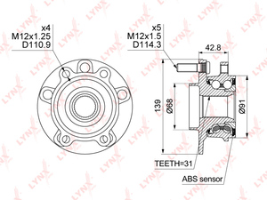 Ступица передняя в сборе LYNXauto WH-1500. Для: Mazda, Мазда, 6(GJ) 2.0-2.5 12> / 3(BM/BN) 2.2D 13> / CX-5 2.0-2.5 11>. Количество шлицев, шт. - 31. ABS - P48., фото 4