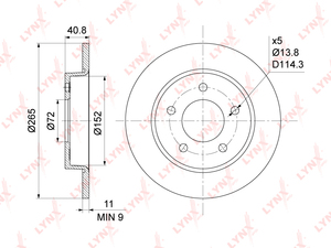 Диск тормозной задний (265x11) LYNXauto BN-1065. Для: Mazda, Мазда, 3(BK/BL) 1.4-2.2D 03>. Высота, мм- 40,8. Центрирующий диаметр, мм- 72,0. Диаметр отверстий, шпилек / PCD, мм- d 13,8 / PCD 114,3., фото 3