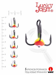 Крючок-тройник для приманок Lucky John 03SET с каплей цвет. 5шт. набор, фото 3