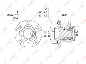 Ступица задняя в сборе с ABS LYNXauto WH-1214. Для: Mazda, Мазда, 3(BK/BL) 1.4-2.3 03> / 5(CR/CW) 1.8-2.0D 05>. ABS - P44. Крепление 1 - x4 / FM10x1,25 / PCD 98. Крепление 2 - x5/ MM12x1,5 / PCD 114,3, фото 4