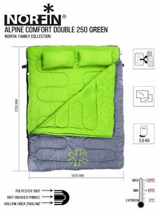 Мешок-одеяло спальный Norfin ALPINE COMFORT DOUBLE 250 GREEN, фото 5