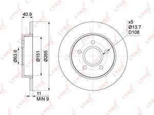 Диск тормозной задний (265x11)  LYNXauto BN-1018. Для: Ford, Форд, Focus(Фокус) II 1.4-2.0D 04-12 / C-Max(С-Макс) 1.6-2.0D 03-10. Высота, мм 40,9. 
Наружный диаметр диска, мм 265., фото 3