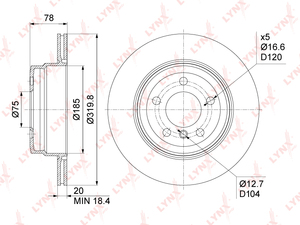 Диск тормозной задний (320x20) LYNXauto BN-1012. Для: Bmw, БМВ, X5(E70/F15) 2.0D-3.0D 07> / X6(E71 / 2 / F16) 3.0-3.0D 08>. Высота, мм- 78,0. 
Центрирующий диаметр, мм- 75,0., фото 3