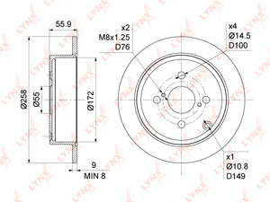 Диск тормозной задний (258x9) LYNXauto BN-1140. Для: Toyota, Тойота, Corolla(Корола)(E120) 1.4-1.8 02-07. Центрирующий диаметр, мм- 55,0. Диаметр отверстий, шпилек / PCD, мм- d 14,5 / PCD 100., фото 3