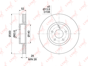 Диск тормозной передний (300x28) LYNXauto BN-1461. Для: Ford, Форд, Mondeo(Мондео) IV 07-14. Высота, мм- 52,0. Центрирующий диаметр, мм- 63,6. Диаметр отверстий, шпилек / PCD, мм- d 13,8 / PCD 108., фото 3