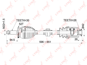 Привод в сборе передний R  LYNXauto CD-1061A. Для: Hyundai, Хендай Santa Fe(СантаФе)(DM) 2.4 12>, Kia, Киа, Sorento(Соренто)(XM) 2.4 09>. Длина, мм 596-651. 
Резьба 1 MM22x1,5., фото 3