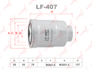 Фильтр топливный LYNXauto LF-407. Для: HYUNDAI H-1/Starex 2.5D-TD 97>, KIA Carnival 2.9D 01>, ISUZU Trooper 2.2D-2.8TD >91, MITSUBISHI Galant 2.3TD >84/L200/300 2.5TD 86> / Pajero 2.5TD 90-00, SUZUKI Grand Vitara 2.0D 94-98, фото 1