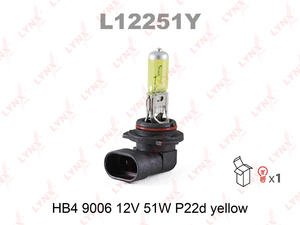 Лампа галогенная LYNXauto L12251Y. Для: HB4 9006 12V 51W P22D YELLOW, фото 2