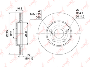 Диск тормозной передний (275x22)  LYNXauto BN-1171. Для: Toyota, Тойота, Auris(E150) 1.33-1.8 07> / Corolla(Корола)(E150/E180) 1.33-1.8 07>. Высота, мм 46,2. 
Наружный диаметр диска, мм 275., фото 3