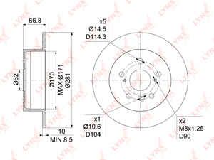 Диск тормозной задний (281x10)  LYNXauto BN-1136. Для: Toyota, Тойота, Camry(Камри)(V40/V50) 2.4-3.5 06>, Lexus, Лексус, ES 3.5 06-12. Высота, мм 66,8., фото 3