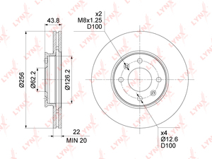 Диск тормозной передний (256x22)  LYNXauto BN-1431. Для: Hyundai, Хендай Solaris(Солярис) I 10>, Kia, Киа, Rio III 11>. Высота, мм 43,8. 
Наружный диаметр диска, мм 256., фото 3