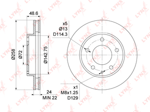 Диск тормозной передний (258x24) LYNXauto BN-1068. Для: MAZDA(Мазда) 626(GE/GF) 1.6-2.5 92-02 / Premacy(CP) 1.9-2.0D 99-05 / Xedos 6 1.6-2.0 92-99, фото 1