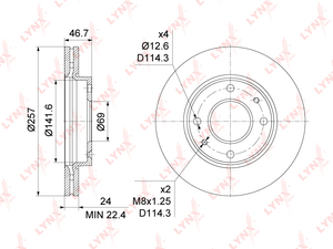 Диск тормозной передний (257x24) LYNXauto BN-1057. Для: Hyundai, Хендай Elantra(Элантра)(XD) 1.6-2.0D 00-06 / Lantra II 1.6-2.0 95> / Matrix(FC) 1.5D-1.8 01-10 / Sonata(Соната)(YF) 2.0-2.4 11>., фото 3