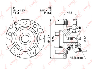 Ступица передняя в сборе с ABS LYNXauto WH-1012. Для: Toyota, Тойота, Auris(E150/E180) 1.33-1.8 07> / Avensis(Авенсис)(T27) 1.6-2.0 09> / Corolla(Корола)(E150/E180) 1.33-1.8 07> / Prius 1.8 12>., фото 4