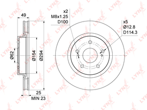Диск тормозной передний (294x25)  LYNXauto BN-1133. Для: Suzuki, Сузуки, Grand Vitara(Гранд Витара) II 1.6-3.2 05>. Высота, мм 49,0. 
Наружный диаметр диска, мм 294. 
Центрирующий диаметр, мм 62,0., фото 3