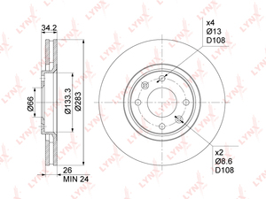 Диск тормозной передний (283x26)  LYNXauto BN-1015. Для: Citroen, Ситроен, Berlingo(Берлинго)(MF / B9) / C3 I-II / C4 I-II / C5 I-II / DS3 / DS4 / Xsara, Peugeot, Пежо., фото 3