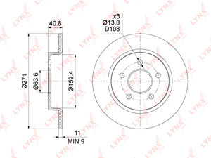 Диск тормозной задний (271x11)  LYNXauto BN-1452. Для: Ford, Форд, Focus(Фокус) III 10>. Высота, мм 40,8., фото 3