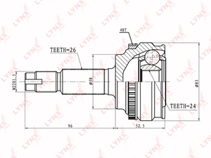 ШРУС наружный LYNXauto CO-7520A. Для: Toyota, Тойота, Corolla(Корола)(ZZE122) 1.8 00> / RAV(РАВ) 4 1.8 00>. Резьба 1 - MM22x1,5. Шлицы наружные, шт. - 26. Шлицы внутренние, шт. - 24., фото 2