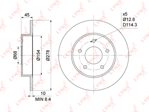 Диск тормозной задний (278x10) LYNXauto BN-1101. Для: Nissan, Ниссан, Primera(Примера)(P12) 1.6-2.5 02> / Almera(Алмера) Tino 1.8-2.2D 00>. Высота, мм- 45,0. 
Центрирующий диаметр, мм- 68,0., фото 3