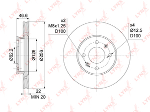Диск тормозной передний (256x22) LYNXauto BN-1058. Для: Hyundai, Хендай Accent(Акцент)(MC) 1.4-1.6 05-10 / i20 1.1D-1.6D 08>, Kia, Киа, Rio II 1.4-1.6 05>. Центрирующий диаметр, мм- 62,2., фото 3