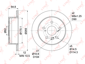 Диск тормозной задний (269x12) LYNXauto BN-1141. Для TOYOTA Тойота Camry(Камри)(V30) 2.4-3.3(US) 01-06, LEXUS Лексус ES 3.0 01-08, фото 1