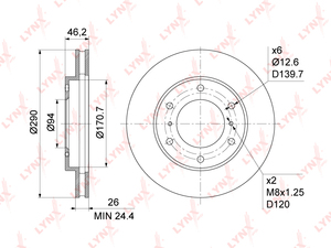 Диск тормозной передний (290x26) LYNXauto BN-1090. Для: Mitsubishi, Митсубиси, Pajero(Паджеро) II-IV 00>. Центрирующий диаметр, мм- 94,0. Диаметр отверстий, шпилек / PCD, мм- d 12,6 / PCD 139,7., фото 3