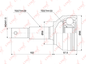 ШРУС наружный  LYNXauto CO-3853. Для: Nissan, Ниссан, Qashqai(Кашкай)(J10) 1.6 06-13. Резьба 1 MM24x1,5. 
Шлицы наружные, шт. 29. 
Шлицы внутренние, шт. 33. 
Диаметр под сальник, мм 56., фото 2