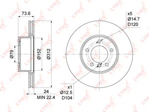 Диск тормозной передний (312x24) LYNXauto BN-1005. Для: Bmw, БМВ, 1(F20 / 21) 2.0D-2.5 11> / 3(E90-3 / F30-5) 2.0-3.0 05> / X1(E84) 1.6-2.0D 09>. Высота, мм: 73,6. Центрирующий диаметр, мм: 79,0., фото 3