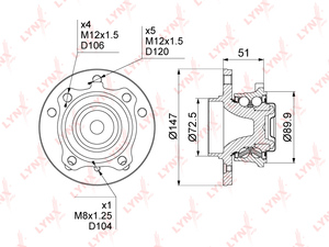 Ступица передняя в сборе LYNXauto WH-1238. Для: BMW 1(E81-88) 1.6-3.0 06-12 / 3(E90) 1.6-3.0 2WD 05-11 / Z4(E89) 2.0-3.0T 09>, фото 1