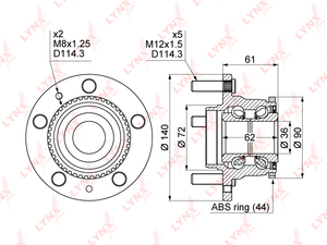 Ступица задняя в сборе с ABS LYNXauto WH-1094. Для: MAZDA 6(GG) 1.8-2.3 02-07 / 323(BJ) 1.4-2.0 98-04 / 626(GW) 1.8-2.0D 98-02 / MPV(LW) 2.0-3.0 99-06 / Premacy 1.9-2.0D 99-05 / Xedos 9 2.5 00-02, фото 1