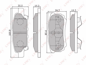 Колодки тормозные задние  LYNXauto BD-5505. Для: Mitsubishi, Митсубиси, Lancer(Лансер)(CS)-X 1.5-2.0D 03> / Outlander(Аутлэндер) 03>. 
Длина, мм 105,9 / 85,4.
Высота, мм 35,5 / 39,7.
Толщина, мм 15,2., фото 2