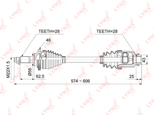 Привод в сборе R LYNXauto CD-1016A. Для: Kia, Киа, Shuma(FB) 1.6 01-04. Резьба 1 - MM22x1,5. Шлицы со стороны колеса, шт. - 28. Шлицы со стороны трансмиссии, шт. - 28., фото 3