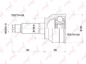 ШРУС наружный  LYNXauto CO-3699. Для: Mazda, Мазда, 3(BK) 2.0-2.3T 03-09. Резьба 1 MM22x1,5. 
Шлицы наружные, шт. 28. 
Шлицы внутренние, шт. 23. 
Диаметр под сальник, мм 58,6., фото 2