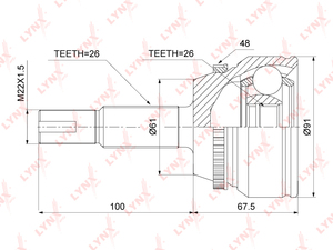 ШРУС наружный  LYNXauto CO-3906A. Для: Toyota, Тойота, Camry(Камри)(V40) 2.4 06>. Резьба 1 MM22x1,5. 
Шлицы наружные, шт. 26. 
Шлицы внутренние, шт. 26. 
Диаметр под сальник, мм 61., фото 2