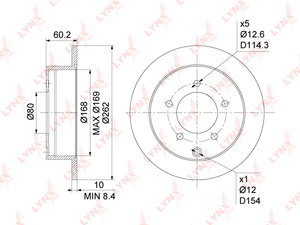 Диск тормозной задний (262x10)  LYNXauto BN-1086. Для: Mitsubishi, Митсубиси, Lancer(Лансер)(CY/CX) 1.5-2.4 08>. Диаметр отверстий, шпилек / PCD, мм d 12,6 / PCD 114,3., фото 3