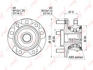 Ступица передняя в сборе с ABS LYNXauto WH-1013. Для: TOYOTA Тойота Auris(Аурис)(E150/E180) 2.0D-2.2D 07> / Avensis(Авенсис)(T27) 2.0D-2.2D 09> / Corolla(Королла)(E150) 2.0D 07> / RAV(РАВ) 4 III-IV 2.0-2.2D MT 08> / Verso 1.6D-2.2D 09>, фото 1