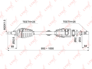 Привод в сборе R LYNXauto CD-1020. Для: Renaul, Рено, Duster(Дастер) 1.6 MT 10>. Резьба 1 -MM20x1,5. Шлицы со стороны колеса, шт. -25. Шлицы со стороны трансмиссии, шт. -26., фото 3