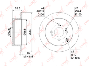 Диск тормозной задний (262x10) LYNXauto BN-1049. Для: Hyundai, Хендай Accent(Акцент)(MC) 1.4-1.6 05-10 / Getz(Гетз) 1.4-1.6 02-09 / i20 1.1D-1.6D 08>, Kia, Киа, Rio II 1.4-1.6 05>. Высота, мм- 63,8., фото 3