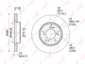 Диск тормозной передний (282x23) LYNXauto BN-1037. Для: HONDA CR-V I 2.0 95-02 / HR-V 1.6 99> / Legend III 3.5 96> / Odyssey/Shuttle(RA) 2.2-3.0 94-02 / Prelude V 2.2 96-01, фото 1