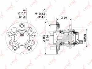 Ступица задняя в сборе с ABS LYNXauto WH-1175. Для: TOYOTA Тойота RAV(РАВ) I-II 4 1.8-2.0 2WD 95-05 / Avensis(Авенсис) Verso / Picnic 2.0-2.0D 01-09 / Ipsim 2.4 01-09 / Isis 1.8-2.0 04> / Noah 2.0 01-07, фото 1