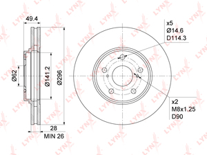 Диск тормозной передний (296x28) LYNXauto BN-1167. Для: LEXUS ЛЕКСУС RX300 00-03, фото 1