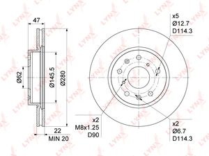 Диск тормозной передний (279,5x22)  LYNXauto BN-1134. Для: Suzuki, Сузуки, SX4 1.5-2.0D Hungary 06>, Fiat, Фиат, Sedici 1.6-2.0D 06>. Высота, мм 47,0. 
Наружный диаметр диска, мм 280., фото 3