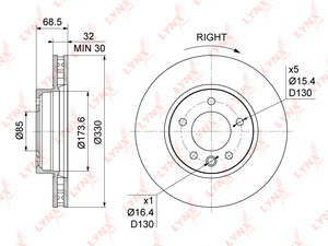 Диск тормозной передний R (330x32) LYNXauto BN-1212R. Для: VW, Фольксваген, Touareg(Таурег)(7L/7P) 2.5D-5.0D 02>, Porsche, Порш, Cayenne(Каен) I 3.0D-4.5 06-10. Центрирующий диаметр, мм- 85,0., фото 3