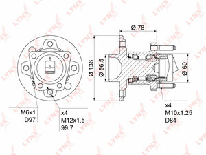 Ступица задняя в сборе (с ABS, 4 отверстия колеса) LYNXauto WH-1171. Для: OPEL Astra F / G 1.4-2.0 91-04 / Combo 1.3D-1.7D 04> / Meriva 1.3D-1.8 03-10 / Vectra A/B 1.6-2.5 88-00, DAEWOO Espero 1.5-2.0, фото 1