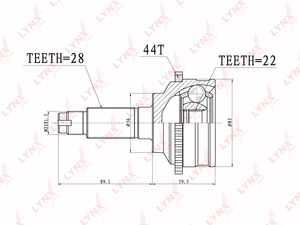 ШРУС наружный  LYNXauto CO-3630A. Для: Kia, Киа, Spectra 1.5 (ABS) 00>, Mazda, Мазда, Xedos/626 1.8 97-99. Резьба 1 MM22x1,5. 
Шлицы наружные, шт. 28. 
Шлицы внутренние, шт. 22., фото 2