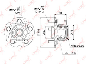 Ступица задняя в сборе с ABS LYNXauto WH-1034. Для: TOYOTA RAV 4 III-IV 2.0-3.5 4WD 06> / Auris(E150/E180) 1.5-1.8 4WD 06>, фото 1