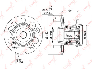 Ступица задняя в сборе LYNXauto WH-1076. Для: Toyota, Тойота, RAV(РАВ) 4 II 2.0-2.4 4WD 00-05 / Avensis(Авенсис) Verso / Picnic 2.4 4WD 03-06 / Isis 1.8-2.0 4WD 04>. Количество шлицев, шт. - 26., фото 4